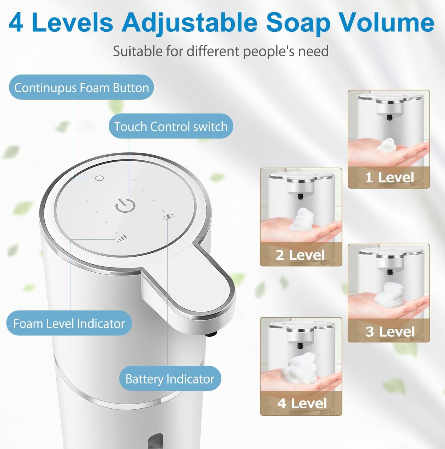 Automatisk tvåldispenser – 4 nivåer, 380 ml